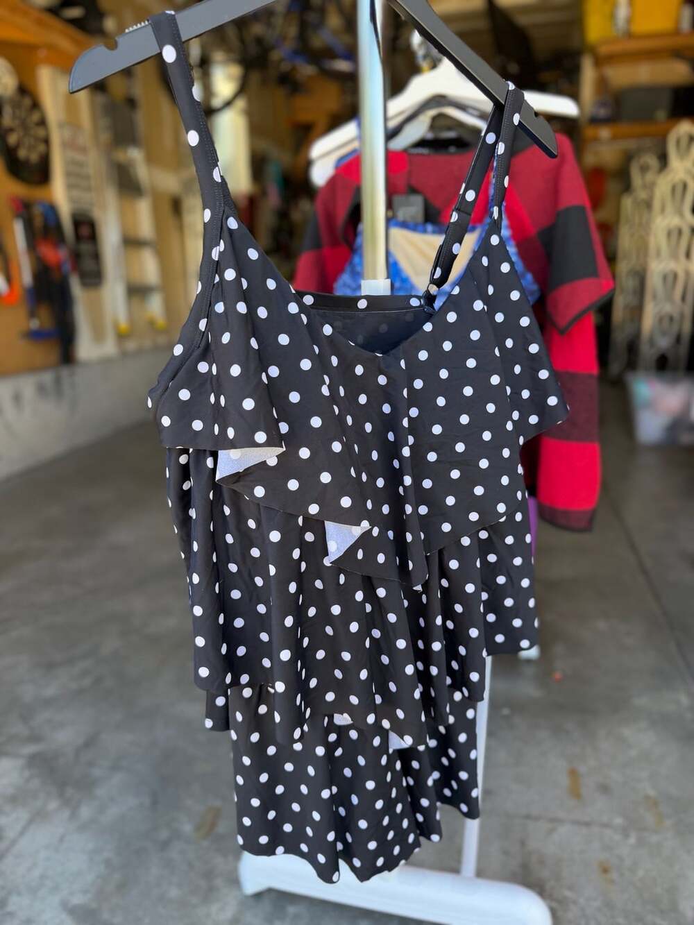 Swim 365 Black and White Polka Dot Tiered Ruffle Tankini Top Size 26